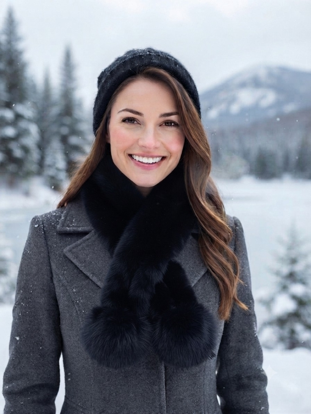 Black Genuine Fur Pom Pom Scarf - Women Accessories